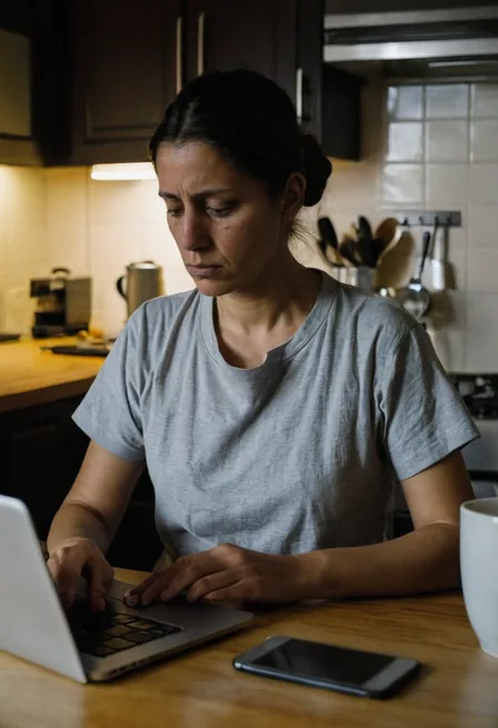 Una persona revisa su currículum impreso con expresión preocupada, de noche, en su casa.